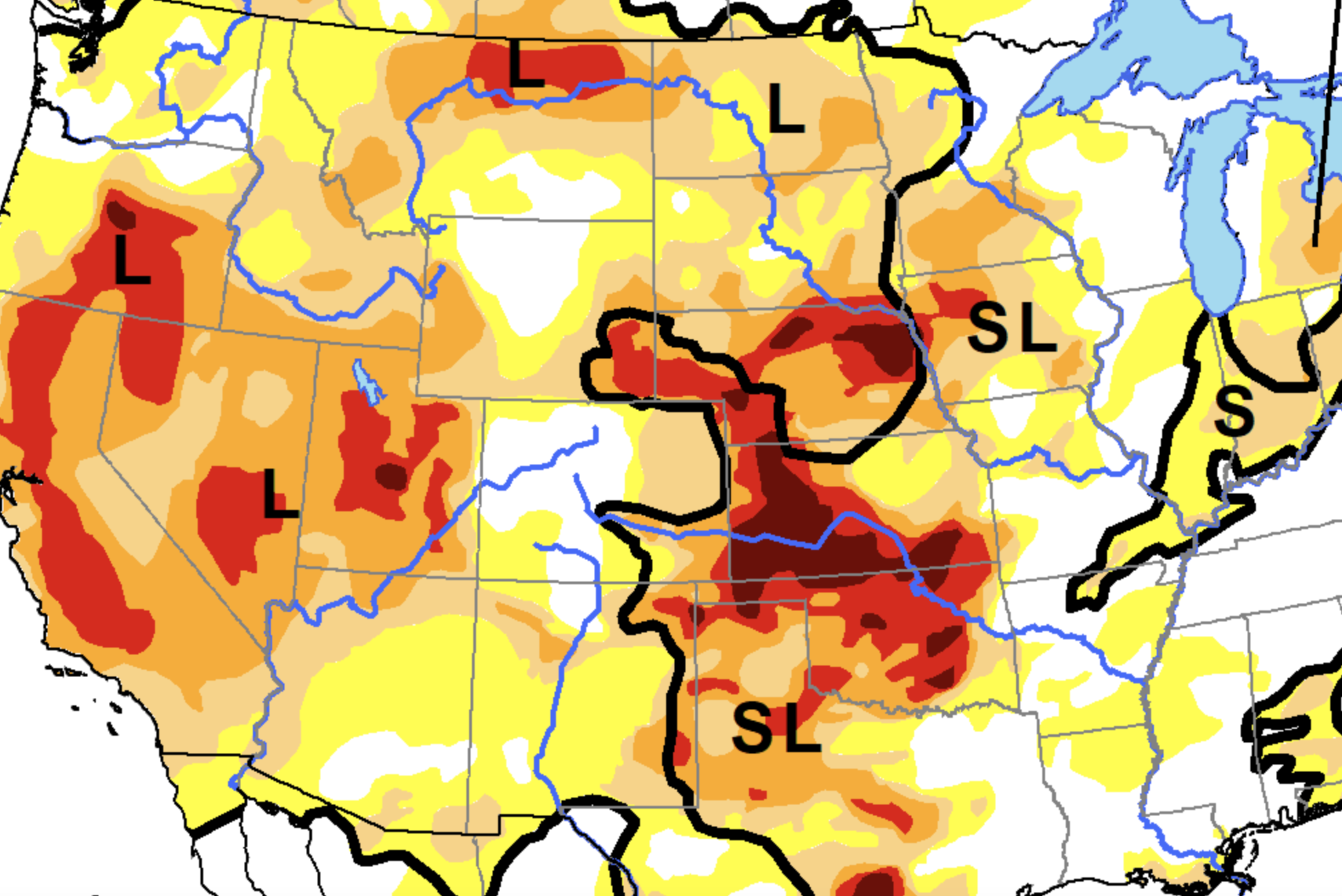 A detail from a recent map that depicts areas of intensive drought in the West and Midwest. Image courtesy of the North American Drought Monitor. The 