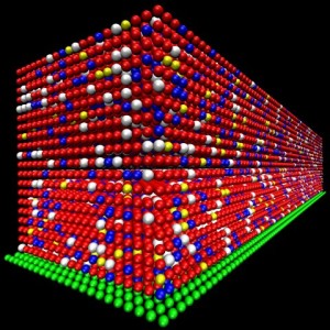 This is a visualization showing the distribution of particles in the lattice generated by the polymerization algorithm developed by Texas Professor C. Grant Willson’s group.  In this 20×100×20 polymer lattice, red particles denote monomer molecules, blue are cross-linkers, yellow are initiators, white are voids and green particles represent substrate molecule.