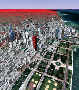 National security also may depend on the ability to move people in a crisis. Here the red lines on this map of Chicago represent different roads modeled by the TRANSIMS software program at Argonne National Laboratory’s Transportation Research and Analysis Computing Center. Image courtesy of Argonne National Laboratory.