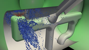 Kenneth Moreland collaborated on this visualization of a set of moving particles from a SLAC simulation of a coupler in a linear accelerator. Researchers are trying to figure out whether a damaging phenomenon called multipacting is occurring.