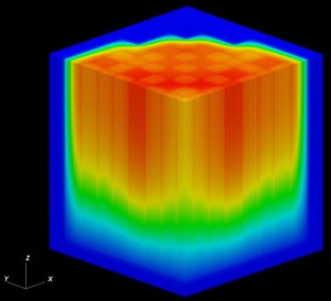 Using DENOVO, a multiscale neutron transport code, Oak Ridge National Laboratory researchers simulated a quarter of a nuclear reactor core in three dimensions. This visualization shows neutron flux density (a measure of neutron radiation intensity). It shows a cut through the core midplane and the lower region of the core. Red regions show areas of high fast neutron flux density; blue regions have low fast neutron flux density. The simulations were performed on the Jaguar computer system in the ORNL Leadership Computing Facility. Andrew Godfrey (CASL Advanced Modeling Applications), Josh Jarrell, Greg Davidson, Tom Evans (DENOVO Team), ORNL.