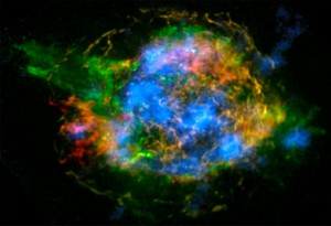In this false-color image, NuSTAR data, which show high-energy X-rays from radioactive material, are colored blue. Lower-energy X-rays from non-radioactive material, imaged previously with NASA’s Chandra X-ray Observatory, are shown in red, yellow and green. Credit: NASA/JPL-Caltech/CXC/SAO..
