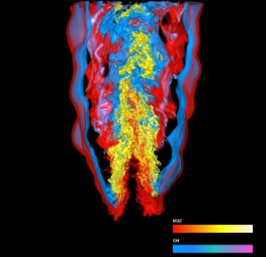 Simultaneous visualization of two variables of a turbulent combustion simulation. 